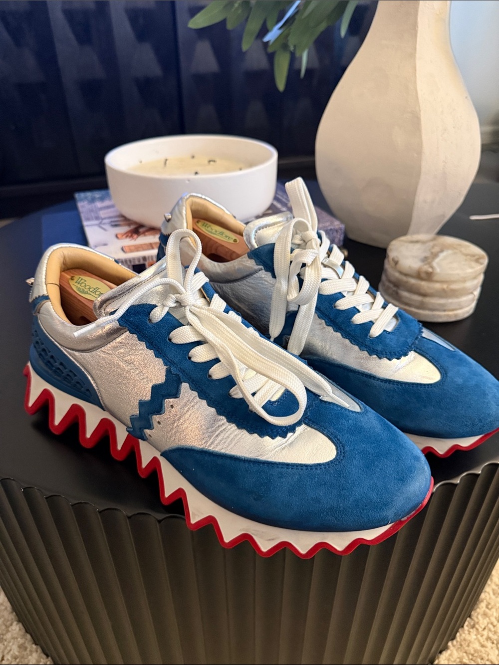 Christian Louboutin Blue Suede and Silver Sneakers with Red Sawtooth Sole
